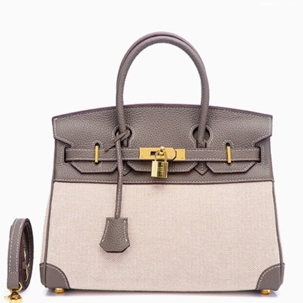 Luxury-GenuineTogo Leather/Canvas Designer Shoulder Bag (Light Grey)